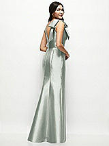 Rear View Thumbnail - Willow Green Deep V-back Satin Trumpet Dress with Cascading Bow at One Shoulder