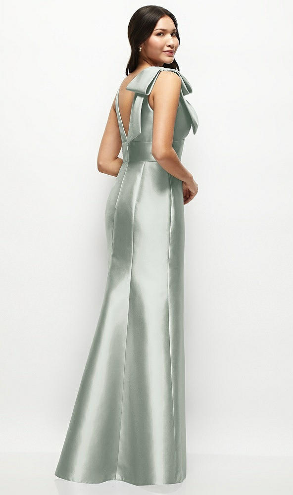Back View - Willow Green Deep V-back Satin Trumpet Dress with Cascading Bow at One Shoulder