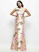 Front View Thumbnail - Butterfly Botanica Pink Sand Deep V-back Floral Satin Trumpet Dress with One-Shoulder Cascading Bow