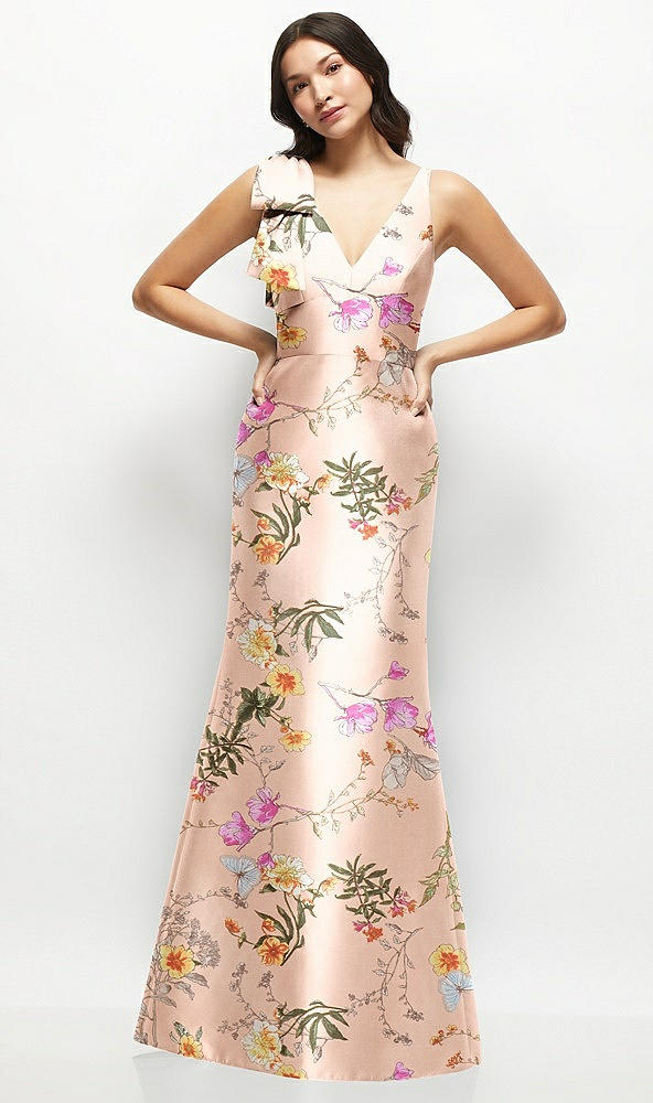 Front View - Butterfly Botanica Pink Sand Deep V-back Floral Satin Trumpet Dress with One-Shoulder Cascading Bow