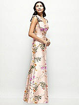 Side View Thumbnail - Butterfly Botanica Pink Sand Deep V-back Floral Satin Trumpet Dress with One-Shoulder Cascading Bow