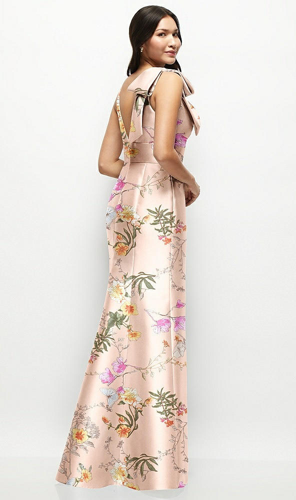 Back View - Butterfly Botanica Pink Sand Deep V-back Floral Satin Trumpet Dress with One-Shoulder Cascading Bow
