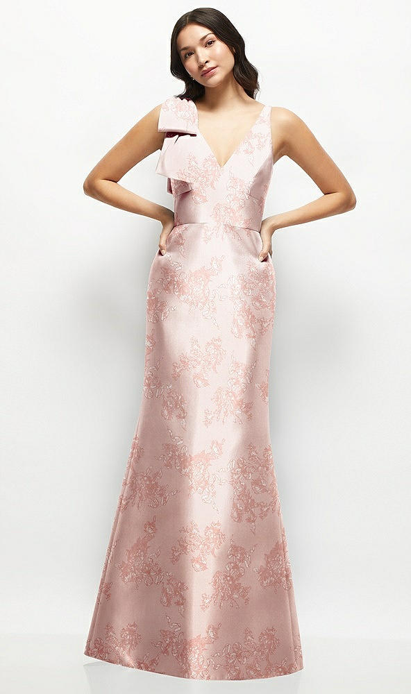 Front View - Bow And Blossom Print Deep V-back Floral Satin Trumpet Dress with One-Shoulder Cascading Bow