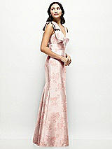 Side View Thumbnail - Bow And Blossom Print Deep V-back Floral Satin Trumpet Dress with One-Shoulder Cascading Bow