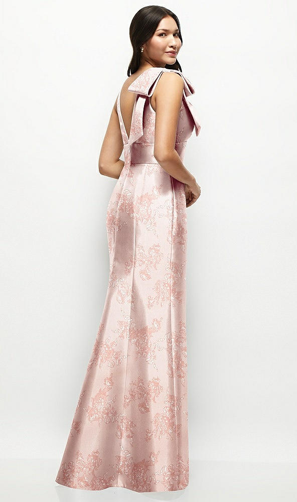 Back View - Bow And Blossom Print Deep V-back Floral Satin Trumpet Dress with One-Shoulder Cascading Bow