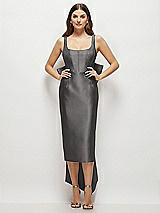 Front View Thumbnail - Caviar Gray Scoop Neck Corset Satin Midi Dress with Floor-Length Bow Tails