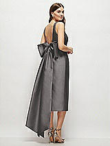 Rear View Thumbnail - Caviar Gray Scoop Neck Corset Satin Midi Dress with Floor-Length Bow Tails