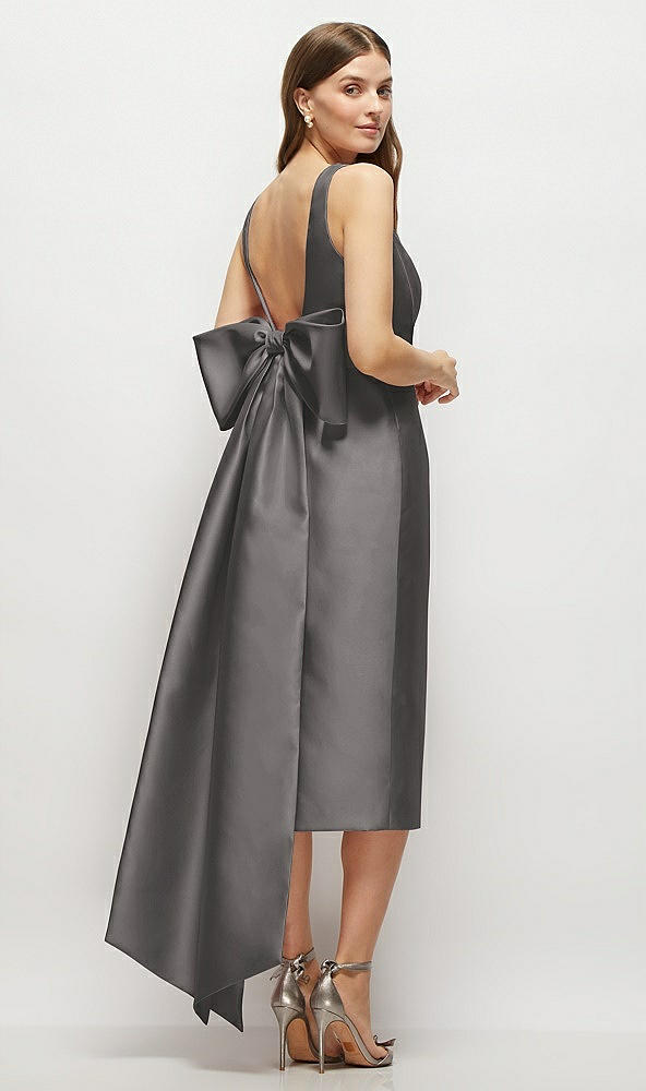 Back View - Caviar Gray Scoop Neck Corset Satin Midi Dress with Floor-Length Bow Tails