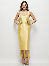 Front View Thumbnail - Maize Scoop Neck Corset Satin Midi Dress with Floor-Length Bow Tails