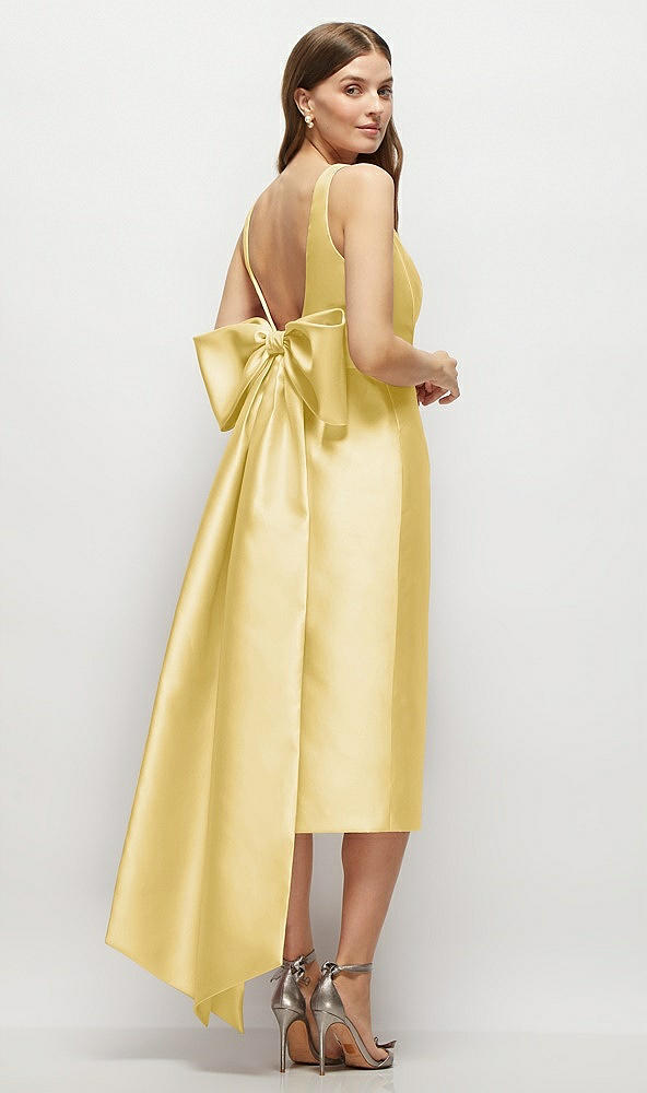 Back View - Maize Scoop Neck Corset Satin Midi Dress with Floor-Length Bow Tails