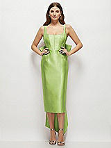 Front View Thumbnail - Mojito Scoop Neck Corset Satin Midi Dress with Floor-Length Bow Tails