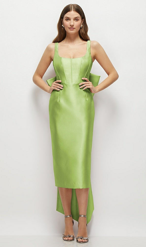 Front View - Mojito Scoop Neck Corset Satin Midi Dress with Floor-Length Bow Tails