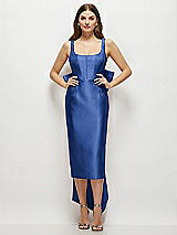 Front View Thumbnail - Classic Blue Scoop Neck Corset Satin Midi Dress with Floor-Length Bow Tails