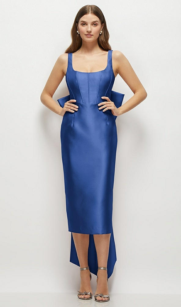 Front View - Classic Blue Scoop Neck Corset Satin Midi Dress with Floor-Length Bow Tails