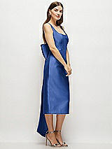 Side View Thumbnail - Classic Blue Scoop Neck Corset Satin Midi Dress with Floor-Length Bow Tails
