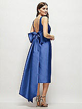Rear View Thumbnail - Classic Blue Scoop Neck Corset Satin Midi Dress with Floor-Length Bow Tails