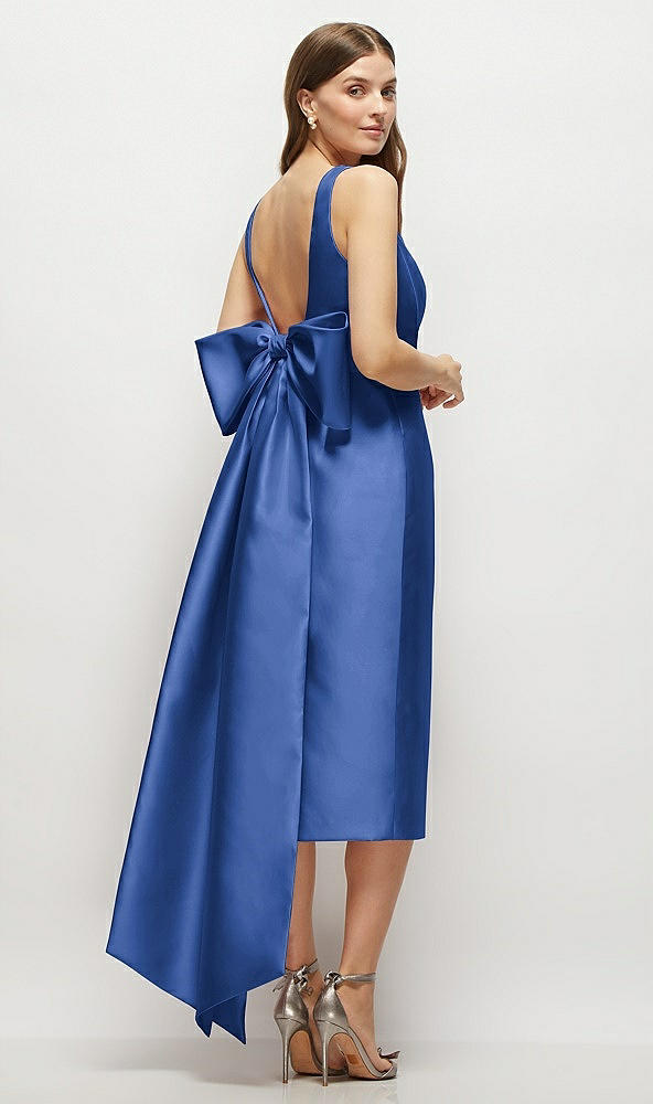 Back View - Classic Blue Scoop Neck Corset Satin Midi Dress with Floor-Length Bow Tails