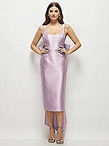 Front View Thumbnail - Suede Rose Scoop Neck Corset Satin Midi Dress with Floor-Length Bow Tails
