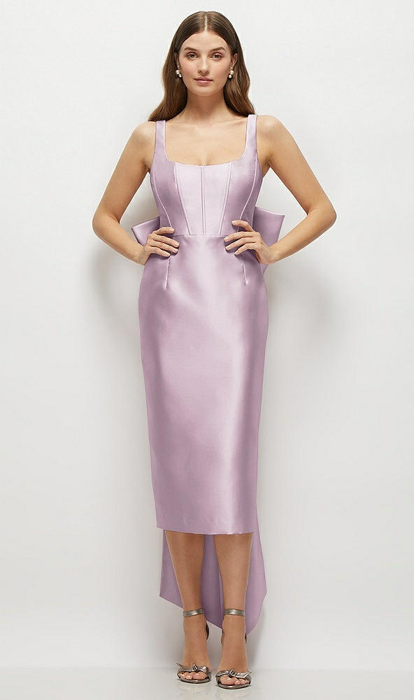 Front View - Suede Rose Scoop Neck Corset Satin Midi Dress with Floor-Length Bow Tails