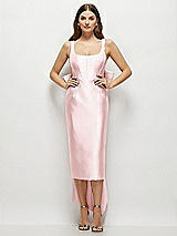 Front View Thumbnail - Ballet Pink Scoop Neck Corset Satin Midi Dress with Floor-Length Bow Tails