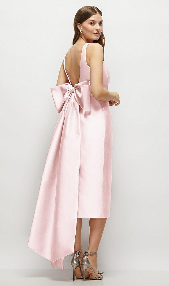 Back View - Ballet Pink Scoop Neck Corset Satin Midi Dress with Floor-Length Bow Tails