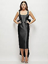 Front View Thumbnail - Black Scoop Neck Corset Satin Midi Dress with Floor-Length Bow Tails