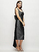 Side View Thumbnail - Black Scoop Neck Corset Satin Midi Dress with Floor-Length Bow Tails