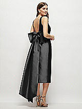 Rear View Thumbnail - Black Scoop Neck Corset Satin Midi Dress with Floor-Length Bow Tails