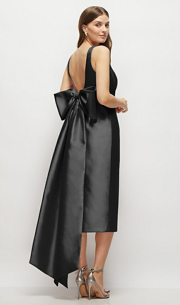 Back View - Black Scoop Neck Corset Satin Midi Dress with Floor-Length Bow Tails