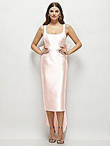 Front View Thumbnail - Blush Scoop Neck Corset Satin Midi Dress with Floor-Length Bow Tails