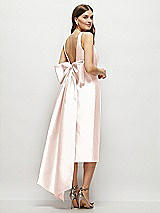 Rear View Thumbnail - Blush Scoop Neck Corset Satin Midi Dress with Floor-Length Bow Tails