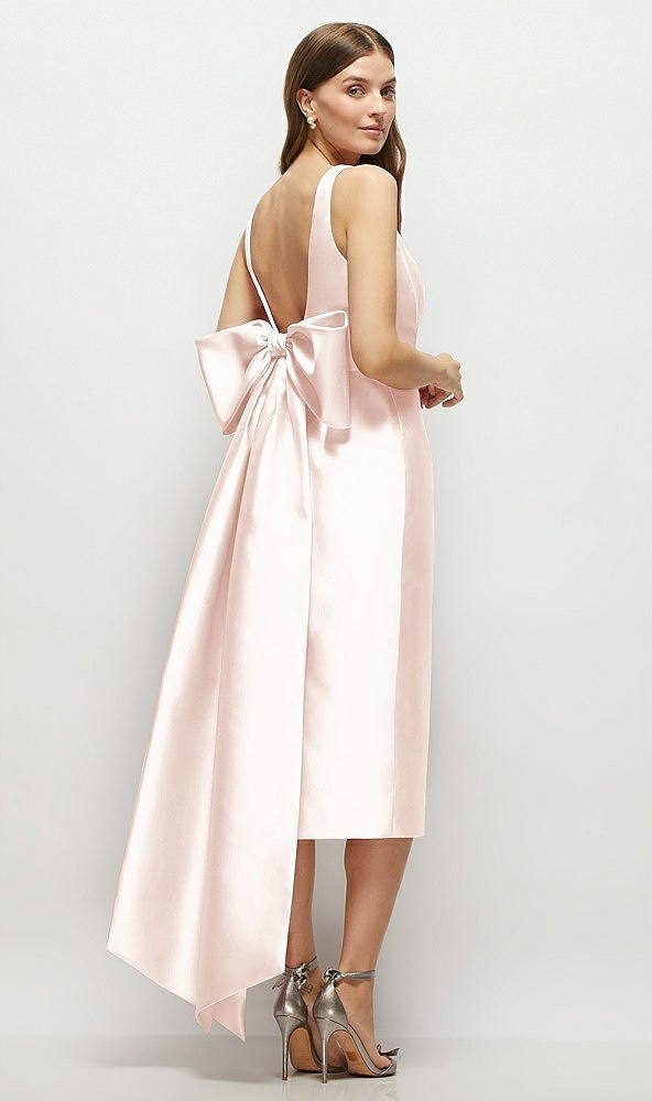 Back View - Blush Scoop Neck Corset Satin Midi Dress with Floor-Length Bow Tails