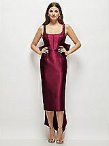Front View Thumbnail - Cabernet Scoop Neck Corset Satin Midi Dress with Floor-Length Bow Tails
