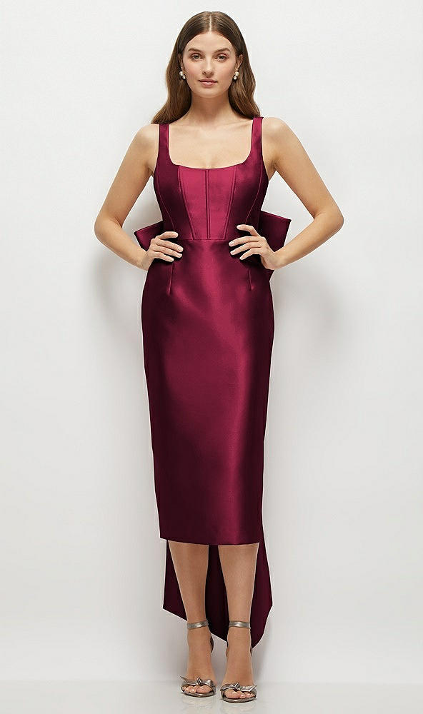 Front View - Cabernet Scoop Neck Corset Satin Midi Dress with Floor-Length Bow Tails