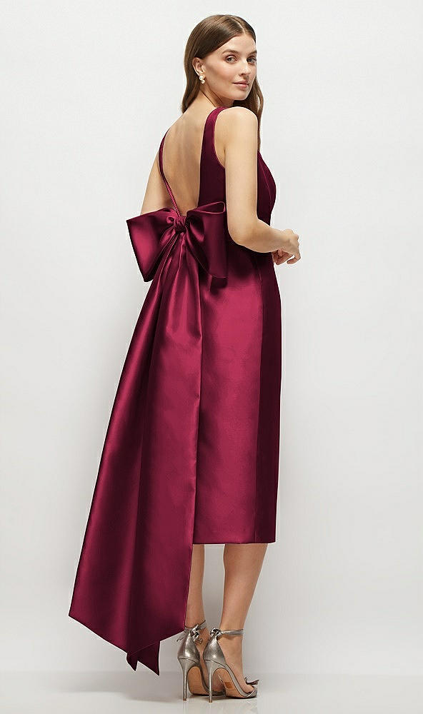 Back View - Cabernet Scoop Neck Corset Satin Midi Dress with Floor-Length Bow Tails