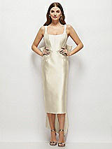 Front View Thumbnail - Champagne Scoop Neck Corset Satin Midi Dress with Floor-Length Bow Tails