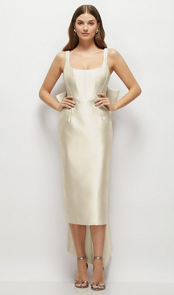 Front View - Champagne Scoop Neck Corset Satin Midi Dress with Floor-Length Bow Tails