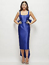 Front View Thumbnail - Cobalt Blue Scoop Neck Corset Satin Midi Dress with Floor-Length Bow Tails