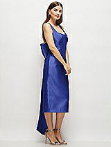 Side View Thumbnail - Cobalt Blue Scoop Neck Corset Satin Midi Dress with Floor-Length Bow Tails
