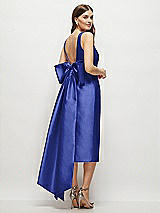 Rear View Thumbnail - Cobalt Blue Scoop Neck Corset Satin Midi Dress with Floor-Length Bow Tails