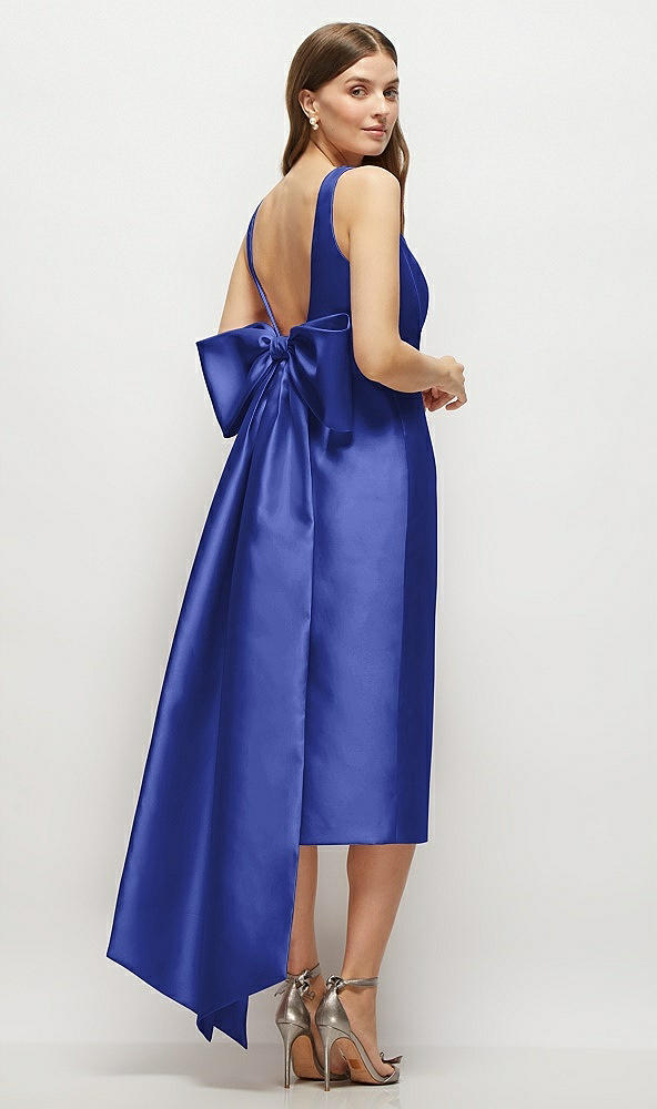 Back View - Cobalt Blue Scoop Neck Corset Satin Midi Dress with Floor-Length Bow Tails