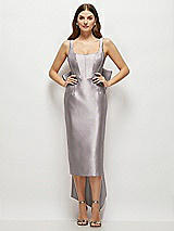 Front View Thumbnail - Cashmere Gray Scoop Neck Corset Satin Midi Dress with Floor-Length Bow Tails