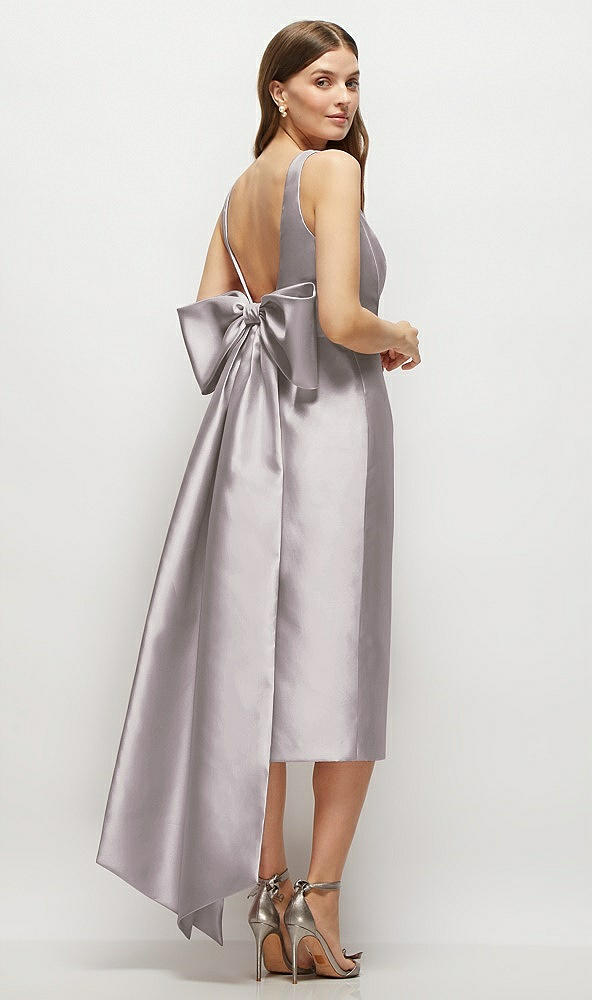 Back View - Cashmere Gray Scoop Neck Corset Satin Midi Dress with Floor-Length Bow Tails