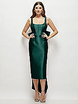 Front View Thumbnail - Evergreen Scoop Neck Corset Satin Midi Dress with Floor-Length Bow Tails