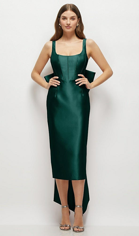 Front View - Evergreen Scoop Neck Corset Satin Midi Dress with Floor-Length Bow Tails
