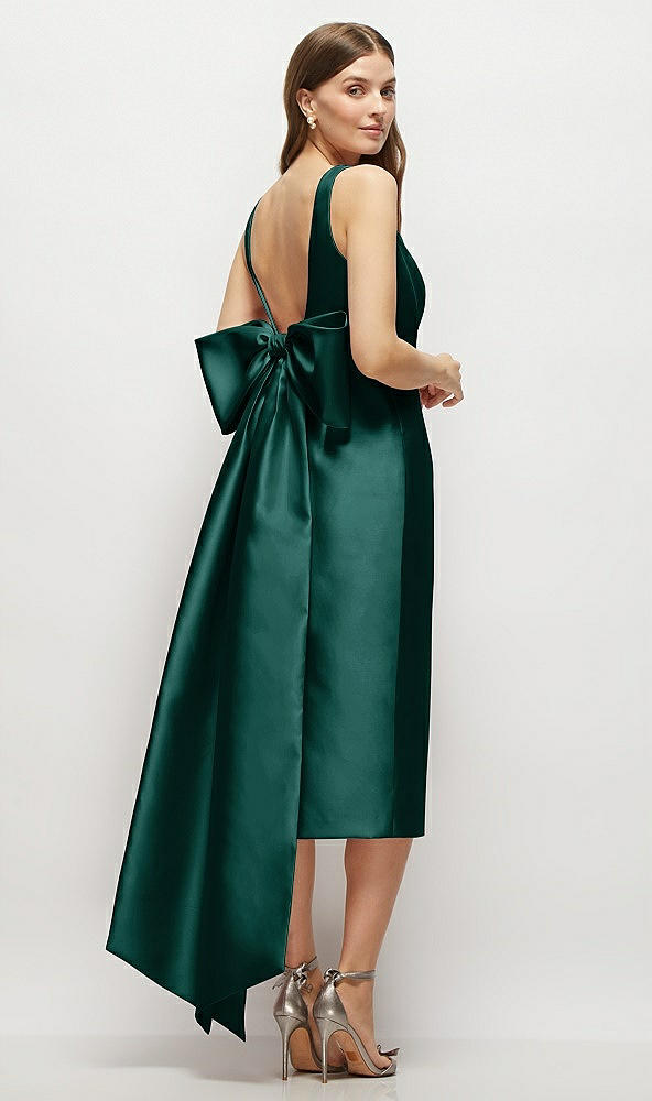 Back View - Evergreen Scoop Neck Corset Satin Midi Dress with Floor-Length Bow Tails