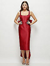Front View Thumbnail - Garnet Scoop Neck Corset Satin Midi Dress with Floor-Length Bow Tails