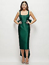 Front View Thumbnail - Hunter Green Scoop Neck Corset Satin Midi Dress with Floor-Length Bow Tails
