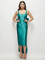 Front View Thumbnail - Jade Scoop Neck Corset Satin Midi Dress with Floor-Length Bow Tails