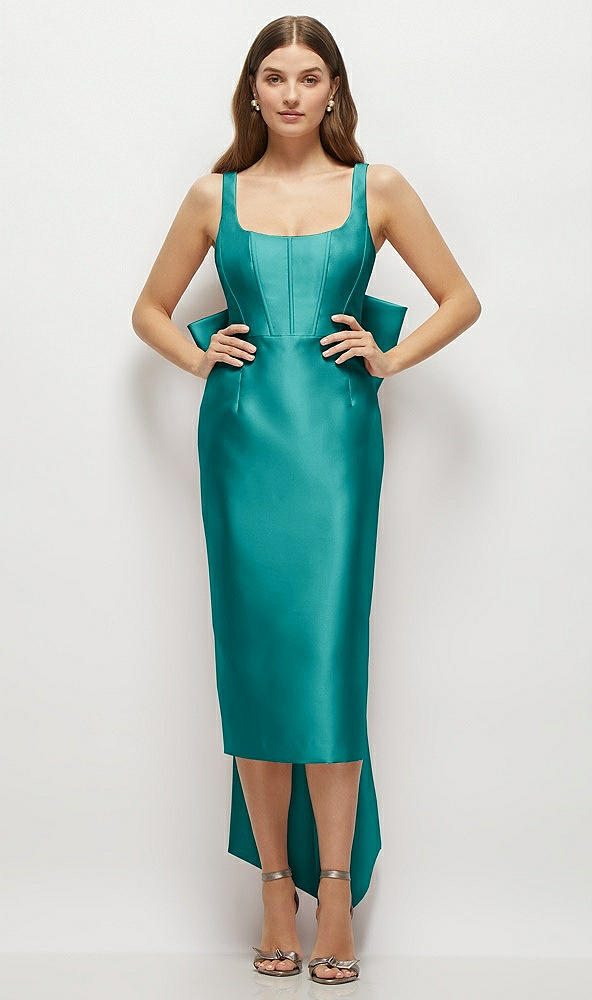 Front View - Jade Scoop Neck Corset Satin Midi Dress with Floor-Length Bow Tails